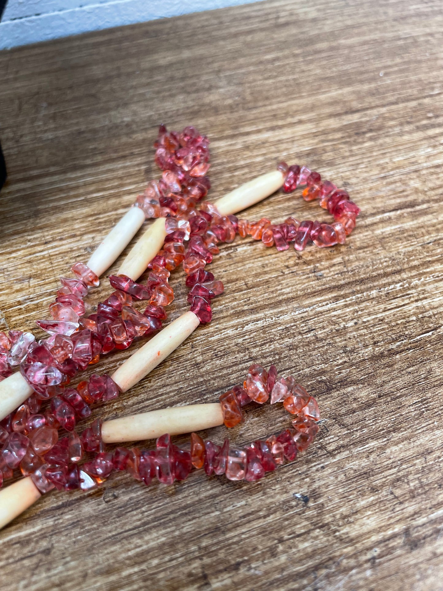 Vintage Simulated Amber Glass Beads & Bone Long Necklace