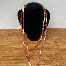 Vintage Simulated Amber Glass Beads & Bone Long Necklace