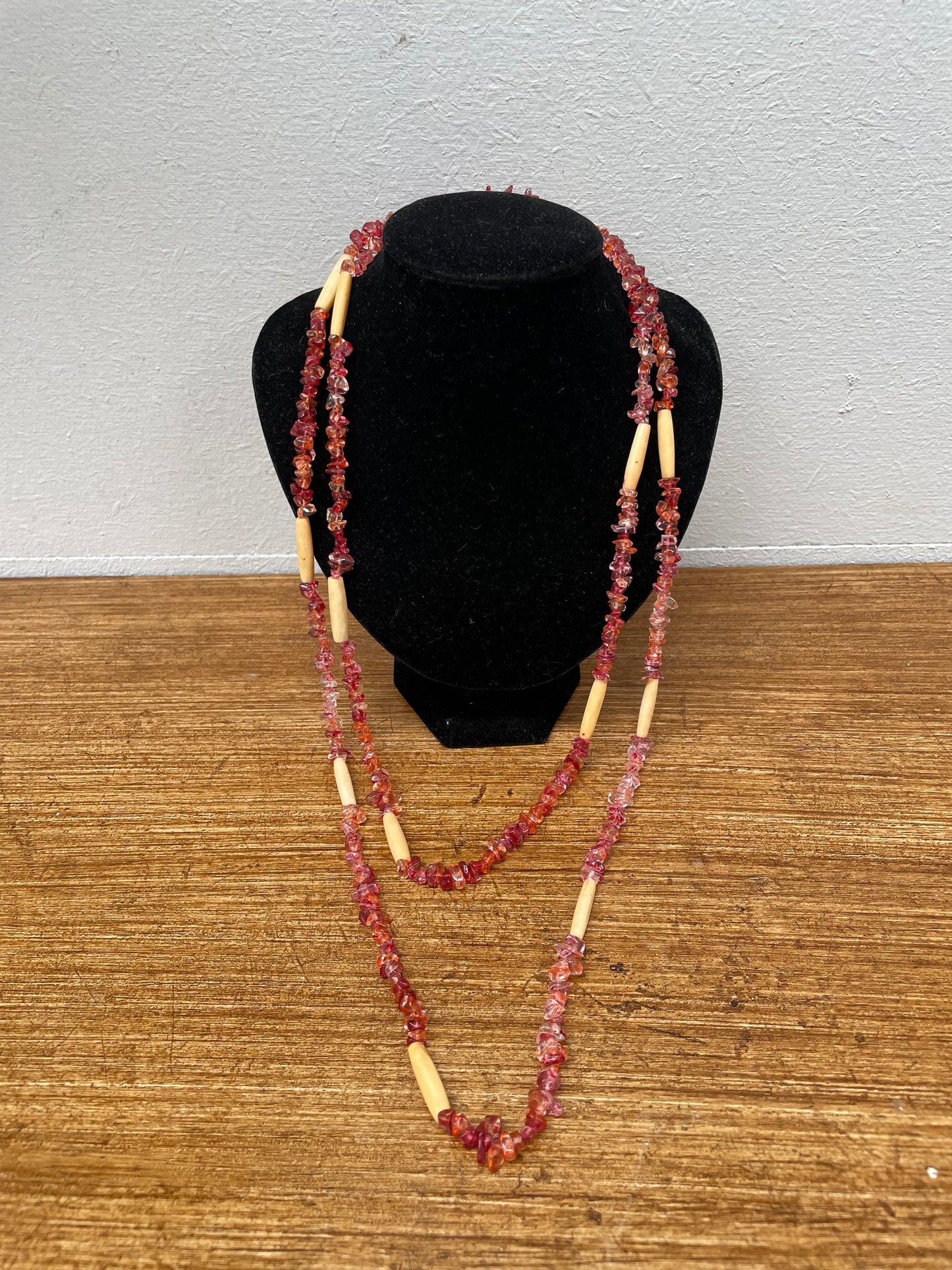 Vintage Simulated Amber Glass Beads & Bone Long Necklace