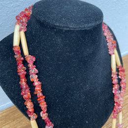 Vintage Simulated Amber Glass Beads & Bone Long Necklace