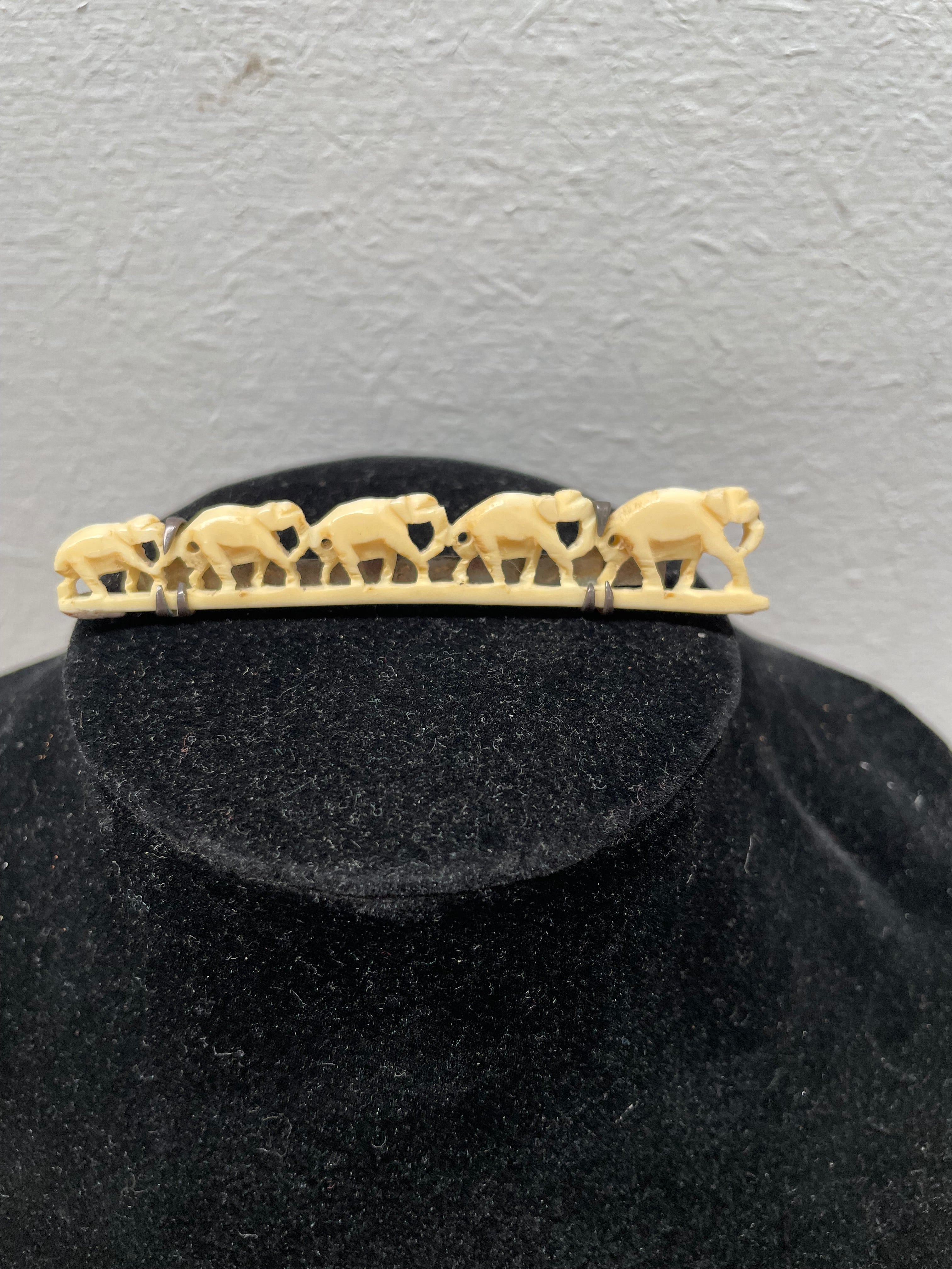 Vintage Carved Bone Elephants Brooch