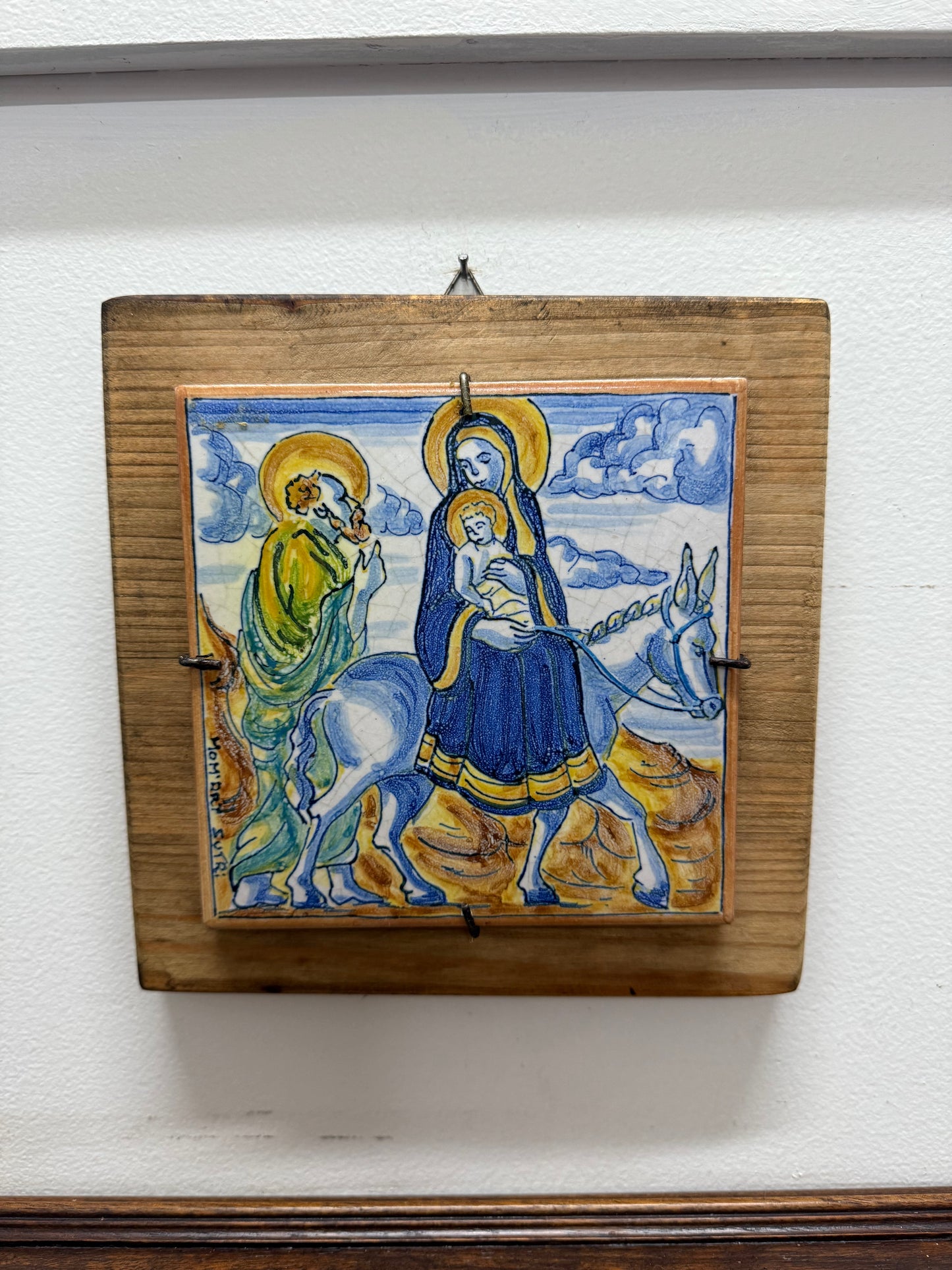 Signed Spanish Majolica Tile On Wood