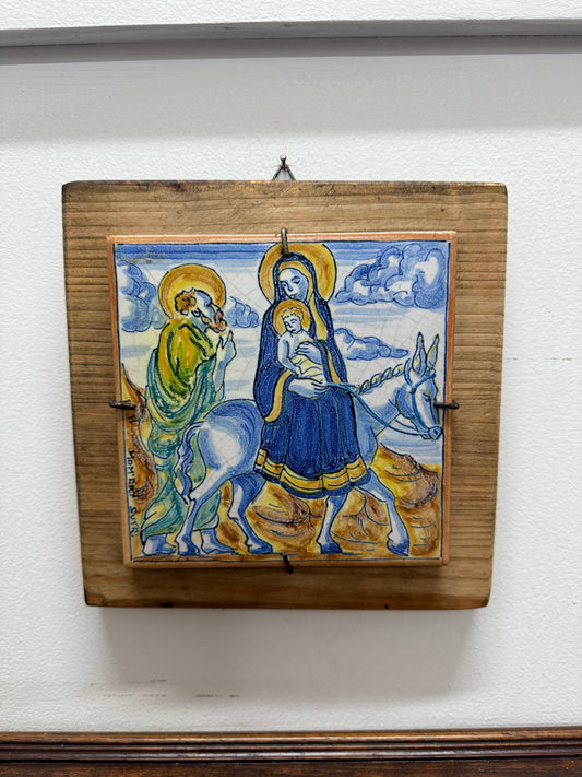 Signed Spanish Majolica Tile On Wood