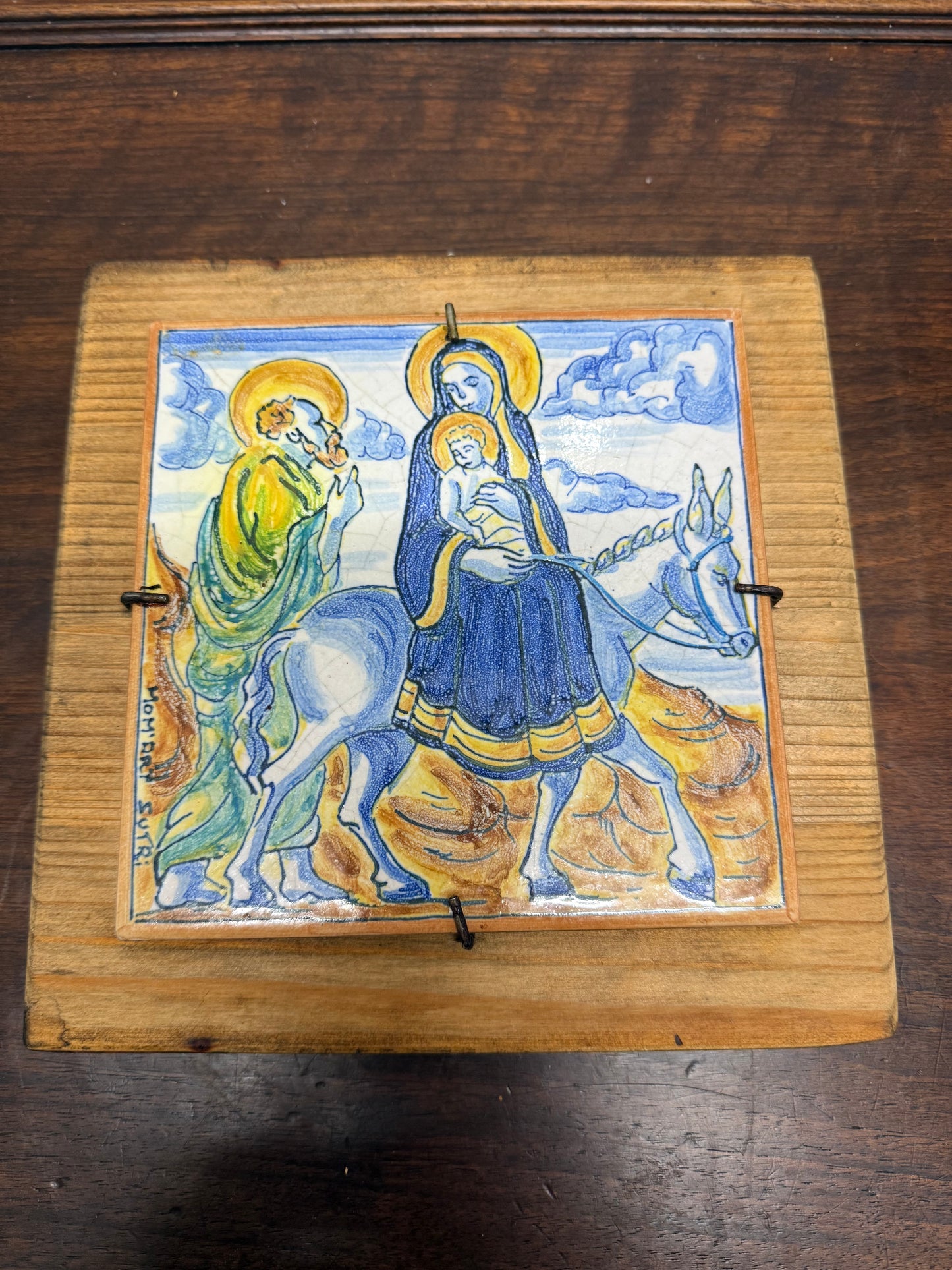Signed Spanish Majolica Tile On Wood