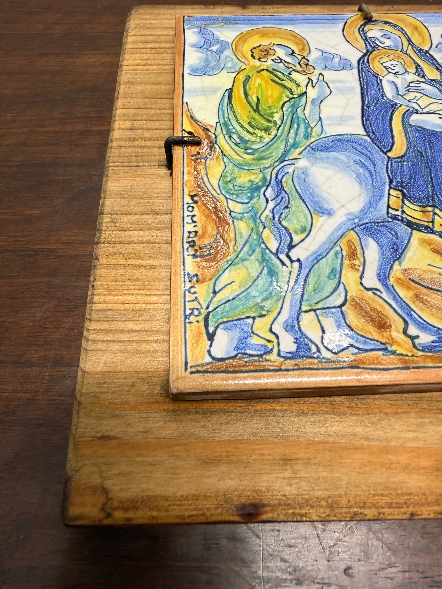 Signed Spanish Majolica Tile On Wood