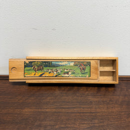 Vintage Oak Wooden Pencil Case with Decal