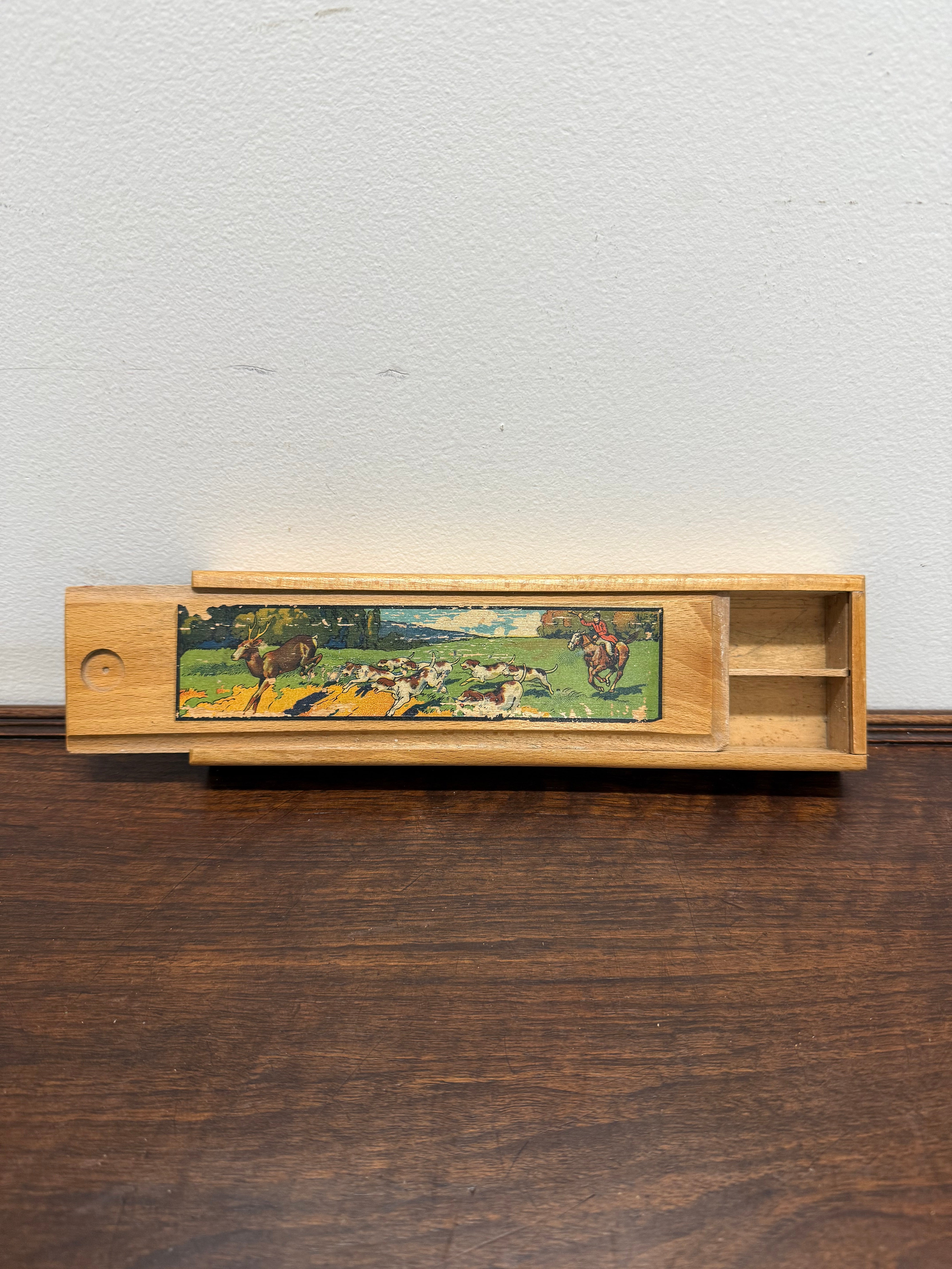 Vintage Oak Wooden Pencil Case with Decal