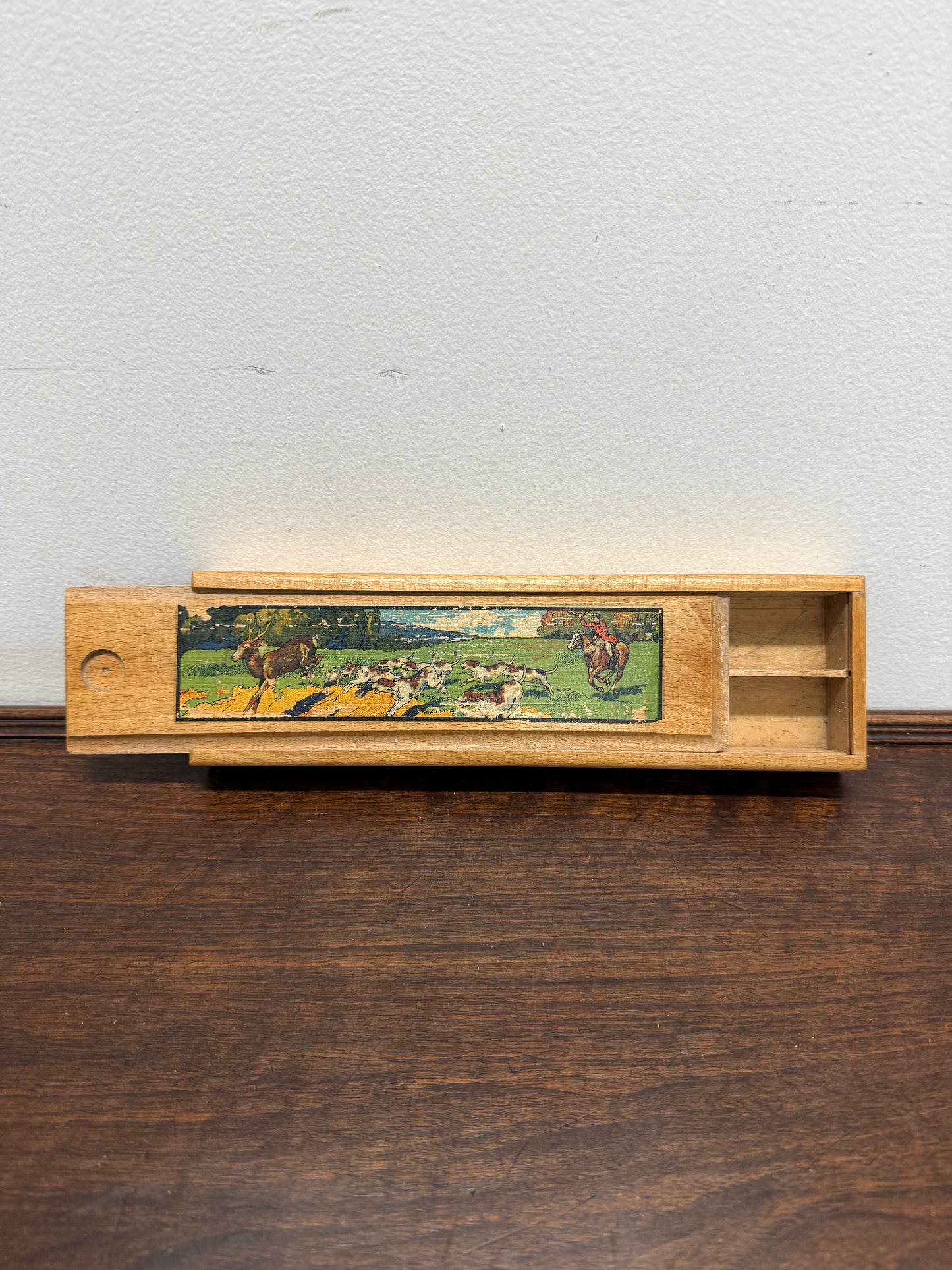 Vintage Oak Wooden Pencil Case with Decal