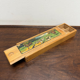 Vintage Oak Wooden Pencil Case with Decal