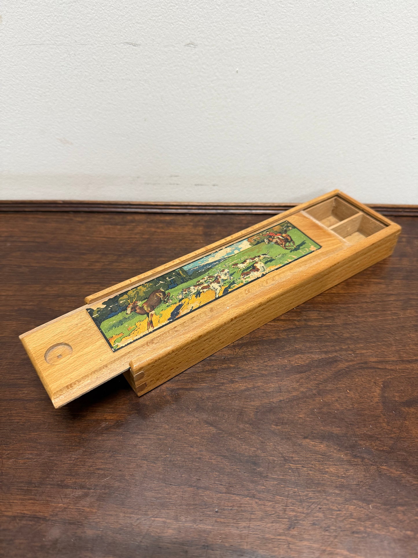 Vintage Oak Wooden Pencil Case with Decal