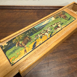 Vintage Oak Wooden Pencil Case with Decal