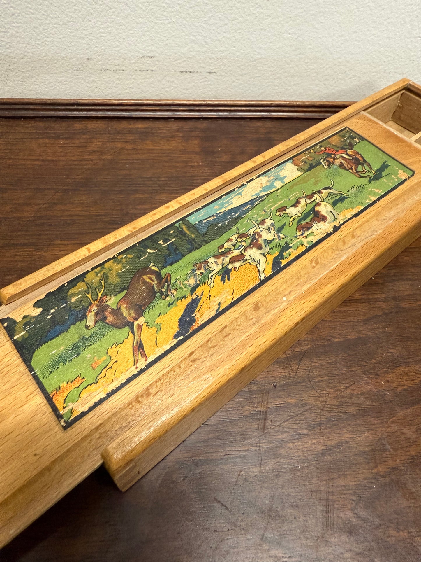 Vintage Oak Wooden Pencil Case with Decal