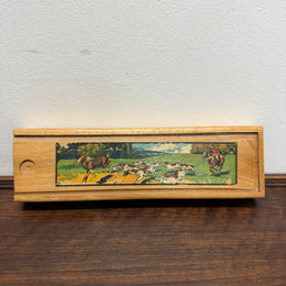 Vintage Oak Wooden Pencil Case with Decal