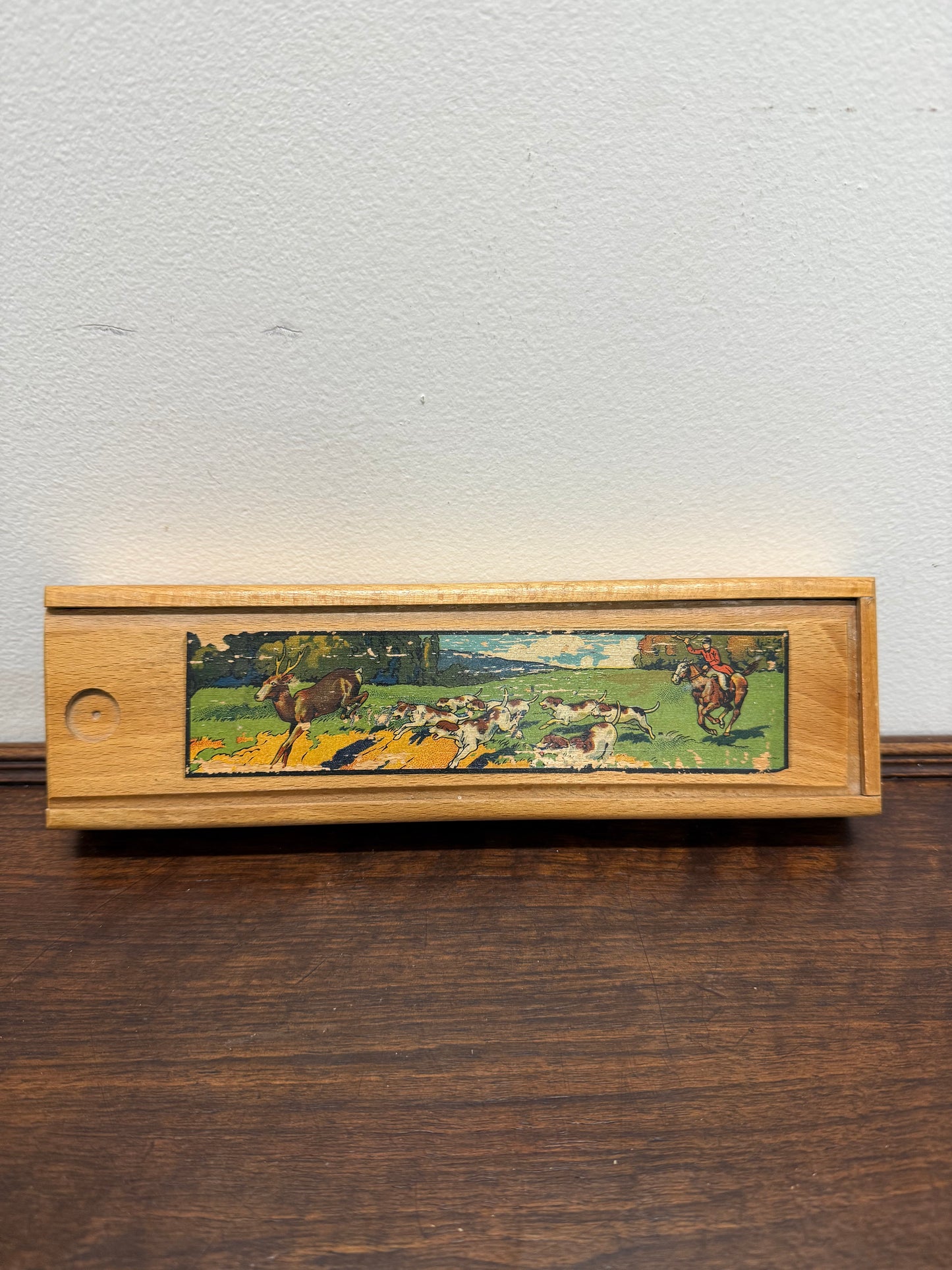 Vintage Oak Wooden Pencil Case with Decal