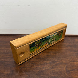 Vintage Oak Wooden Pencil Case with Decal