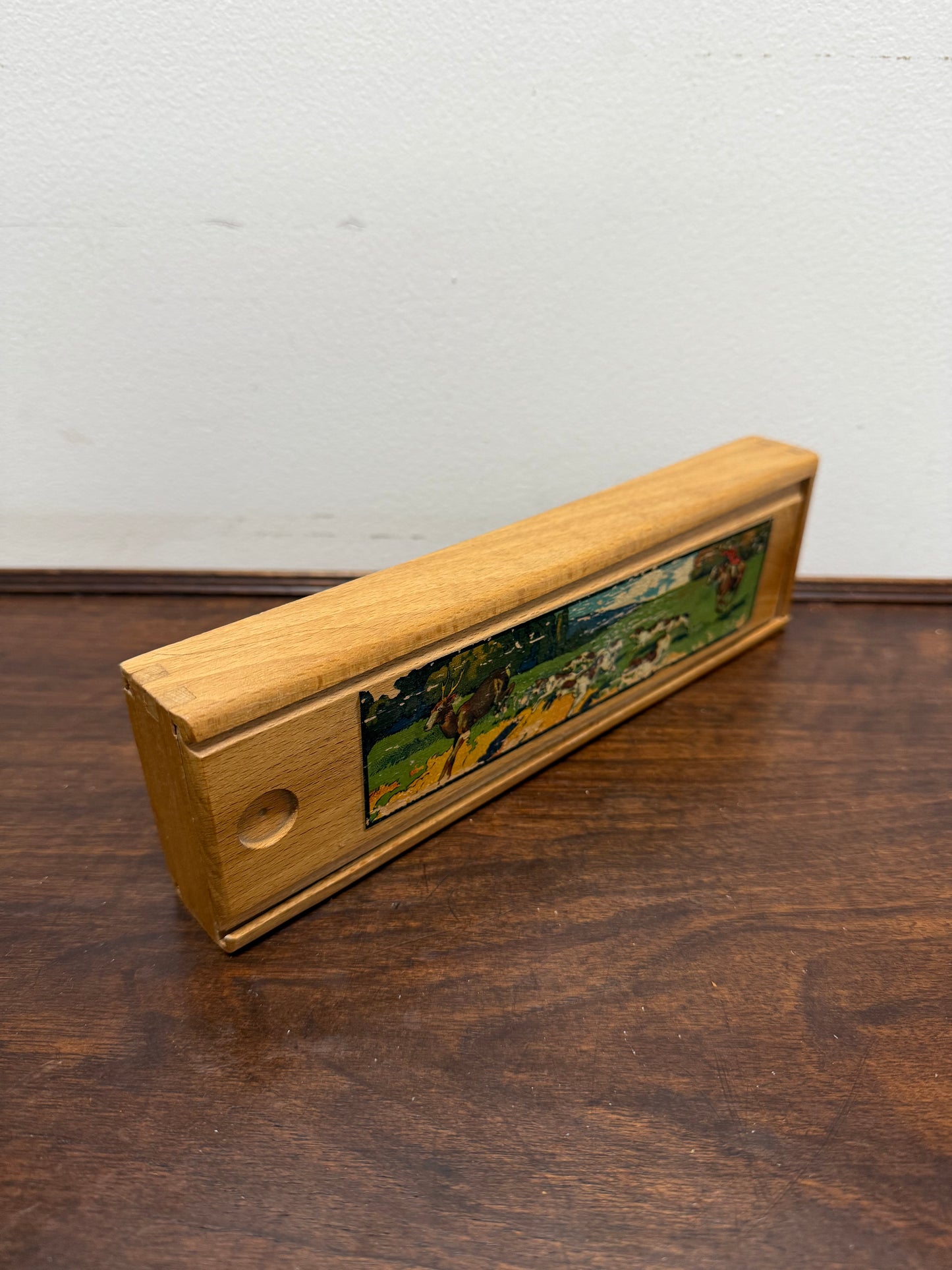 Vintage Oak Wooden Pencil Case with Decal