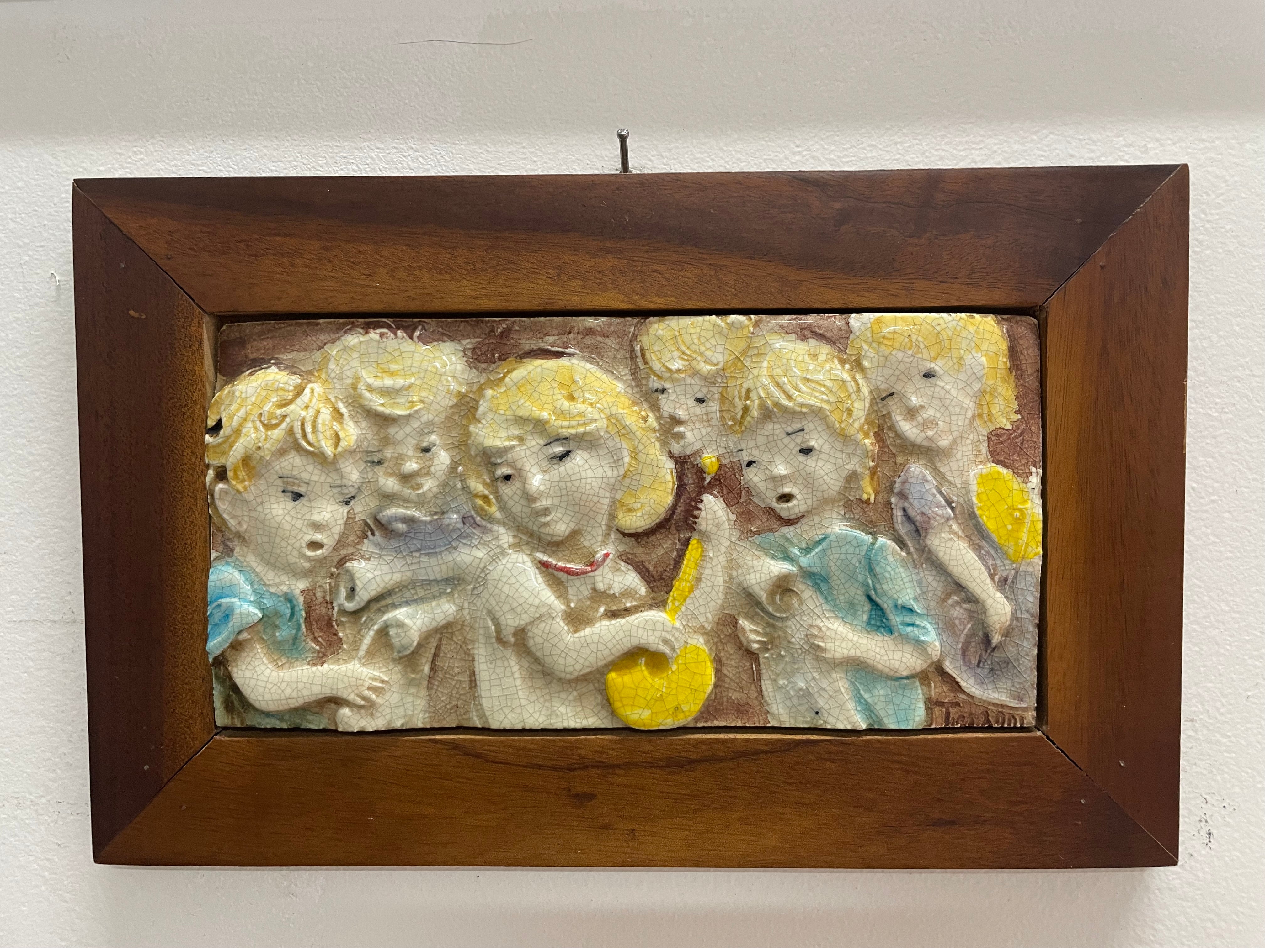 Pair Of Italian Vintage Children Musician Bas Relief Framed Tiles Signed "Terzani"
