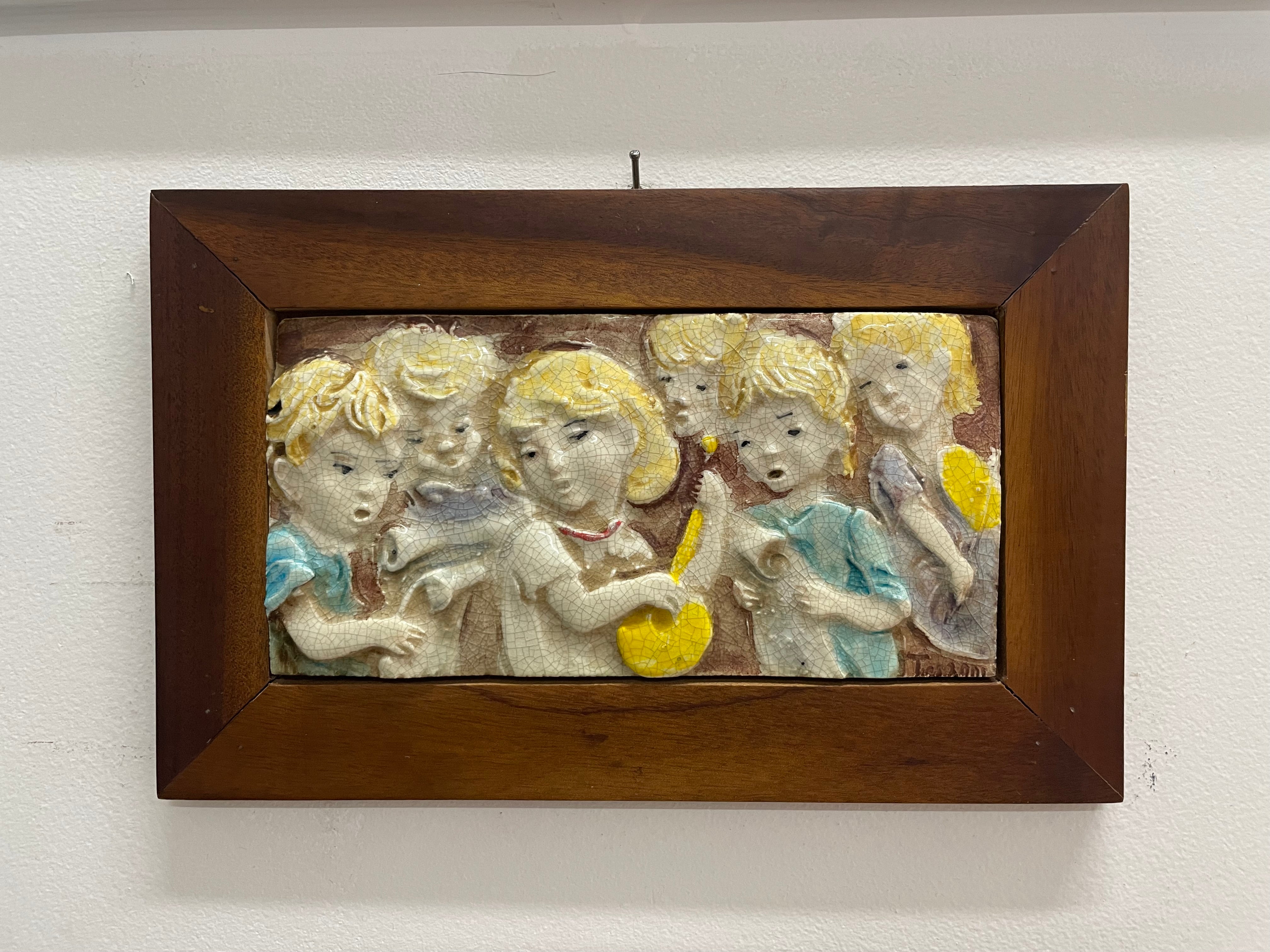 Pair Of Italian Vintage Children Musician Bas Relief Framed Tiles Signed "Terzani" | Antique & Vintage | Moonee Ponds Antiques | Australia Wide Delivery