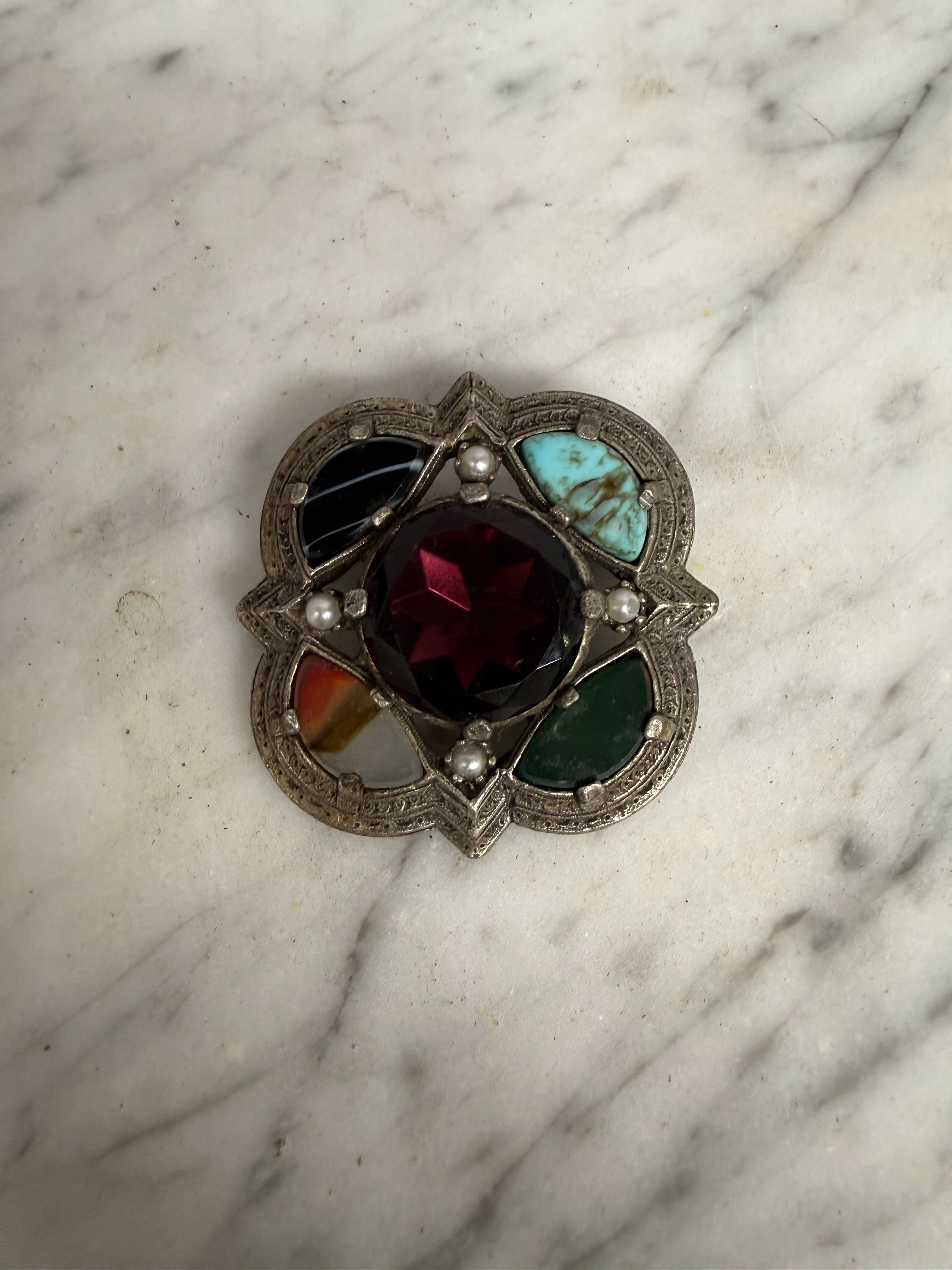 Vintage Pewter & Multistone Scottish Brooch