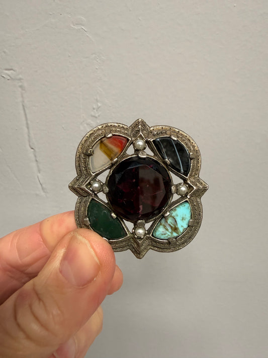 Vintage Pewter & Multistone Scottish Brooch