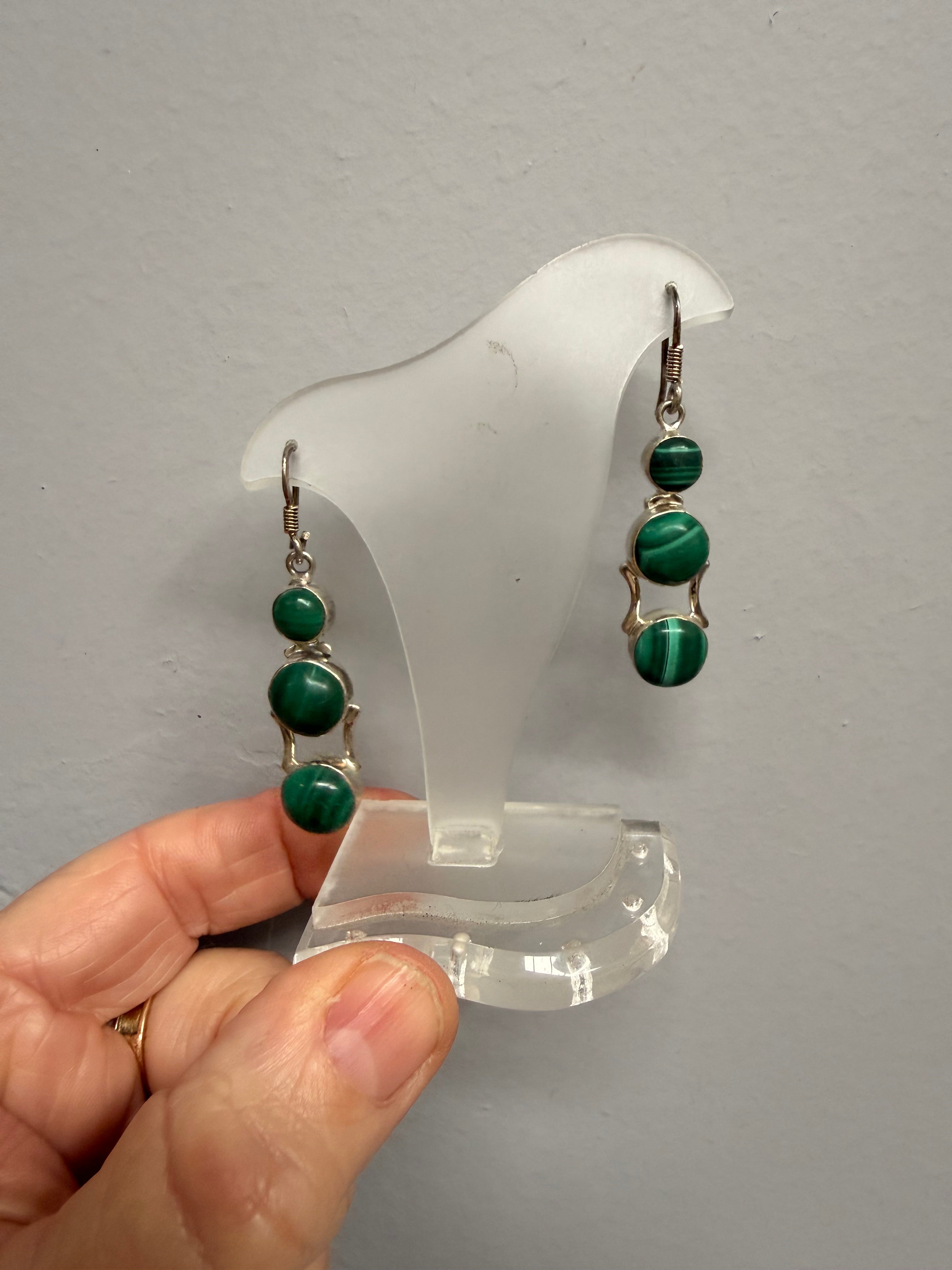Pair Vintage Silver & Malachite Cabochon Earrings