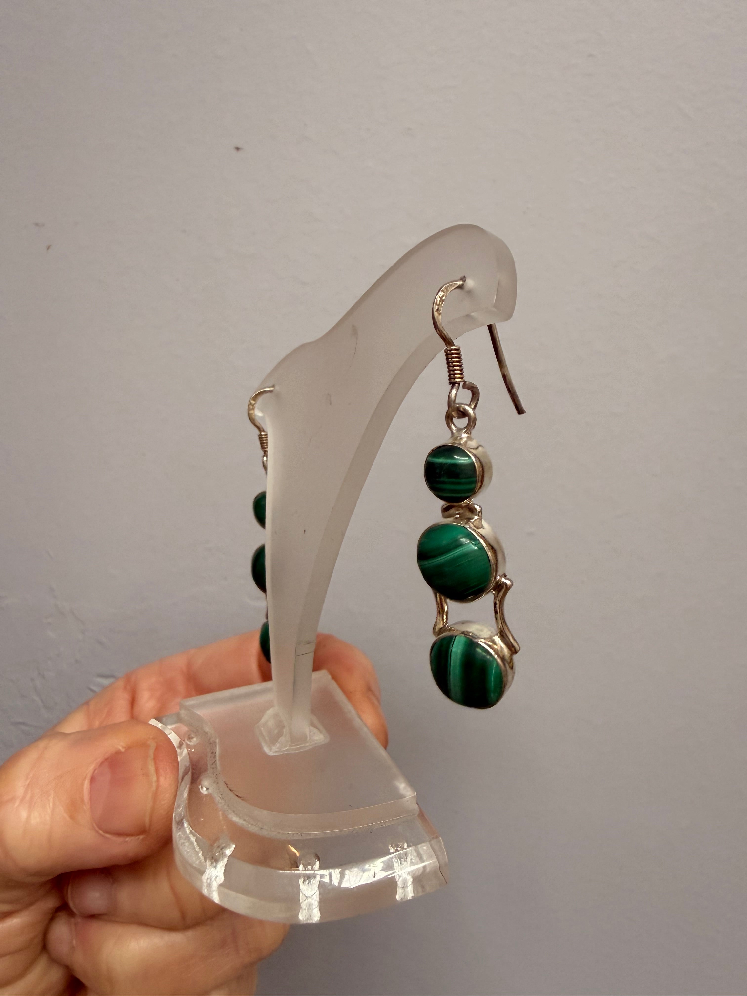 Pair Vintage Silver & Malachite Cabochon Earrings