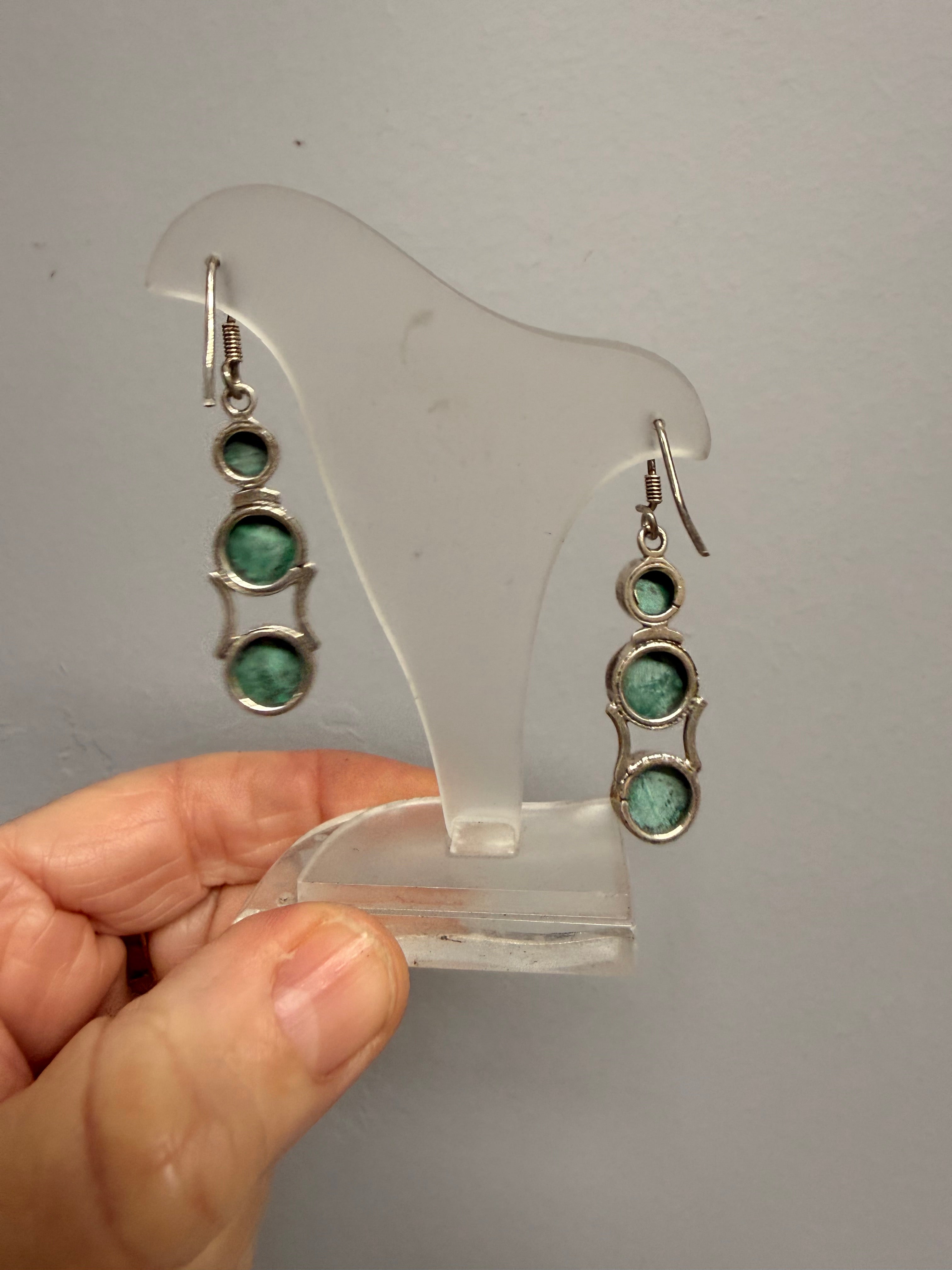 Pair Vintage Silver & Malachite Cabochon Earrings