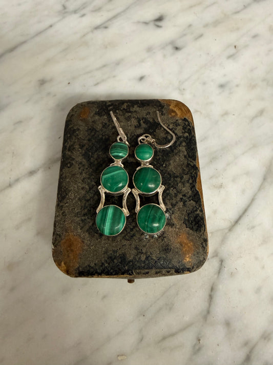 Pair Vintage Silver & Malachite Cabochon Earrings