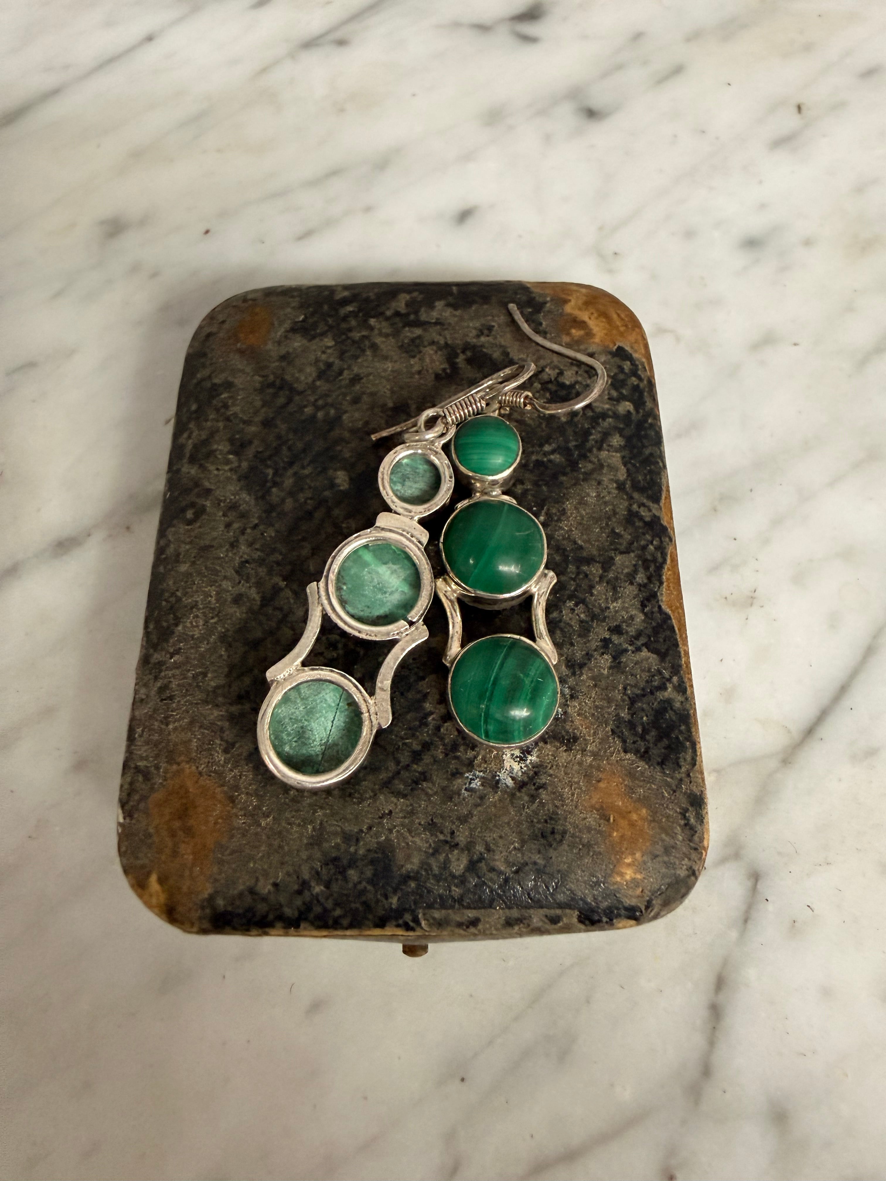 Pair Vintage Silver & Malachite Cabochon Earrings