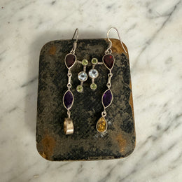 Vintage Sterling Silver Earrings With Garnet, Blue Topaz& Peridot Stones