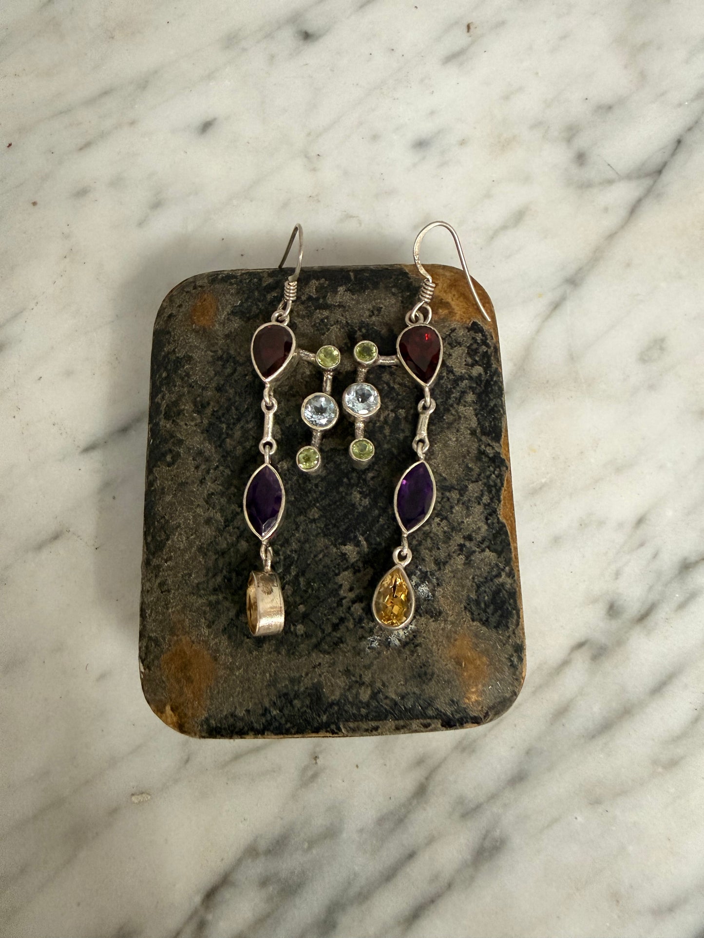 Vintage Sterling Silver Earrings With Garnet, Blue Topaz& Peridot Stones