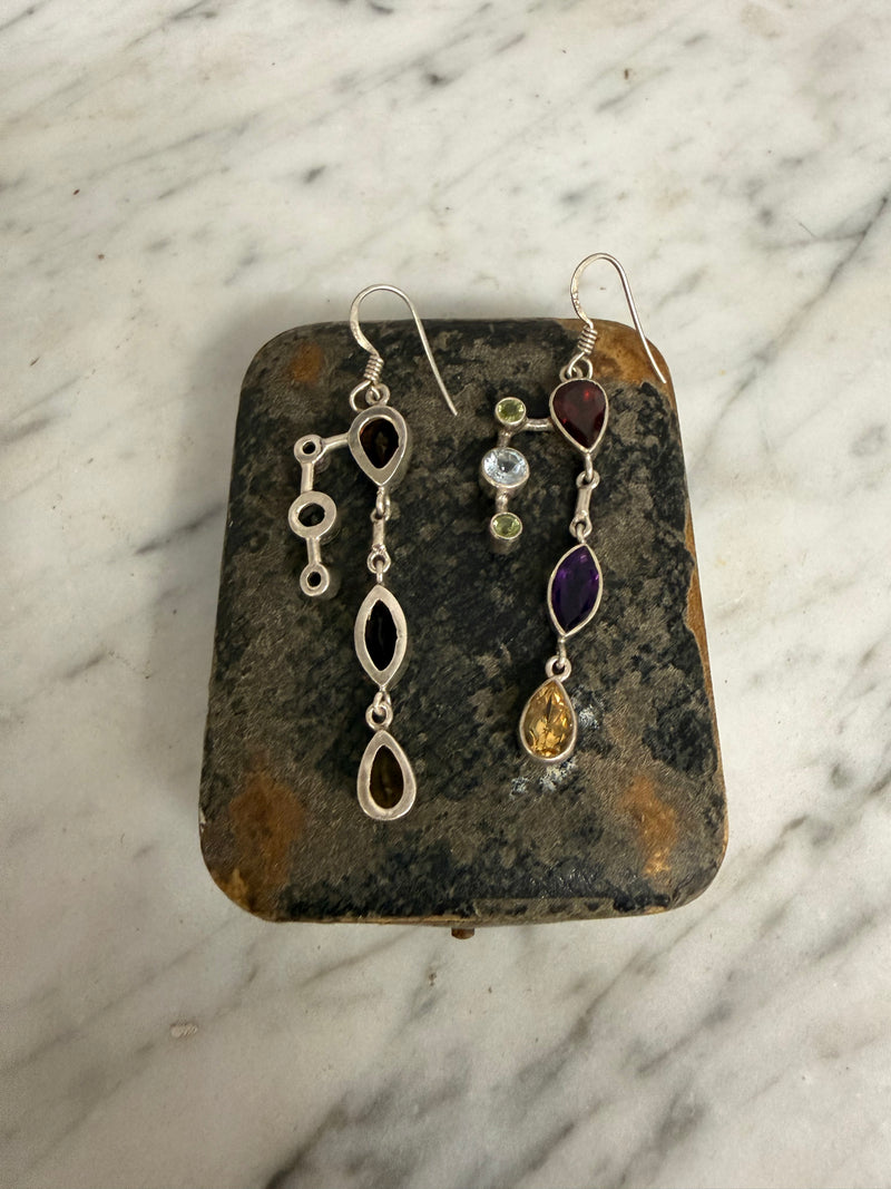 Vintage Sterling Silver Earrings With Garnet, Blue Topaz& Peridot Stones