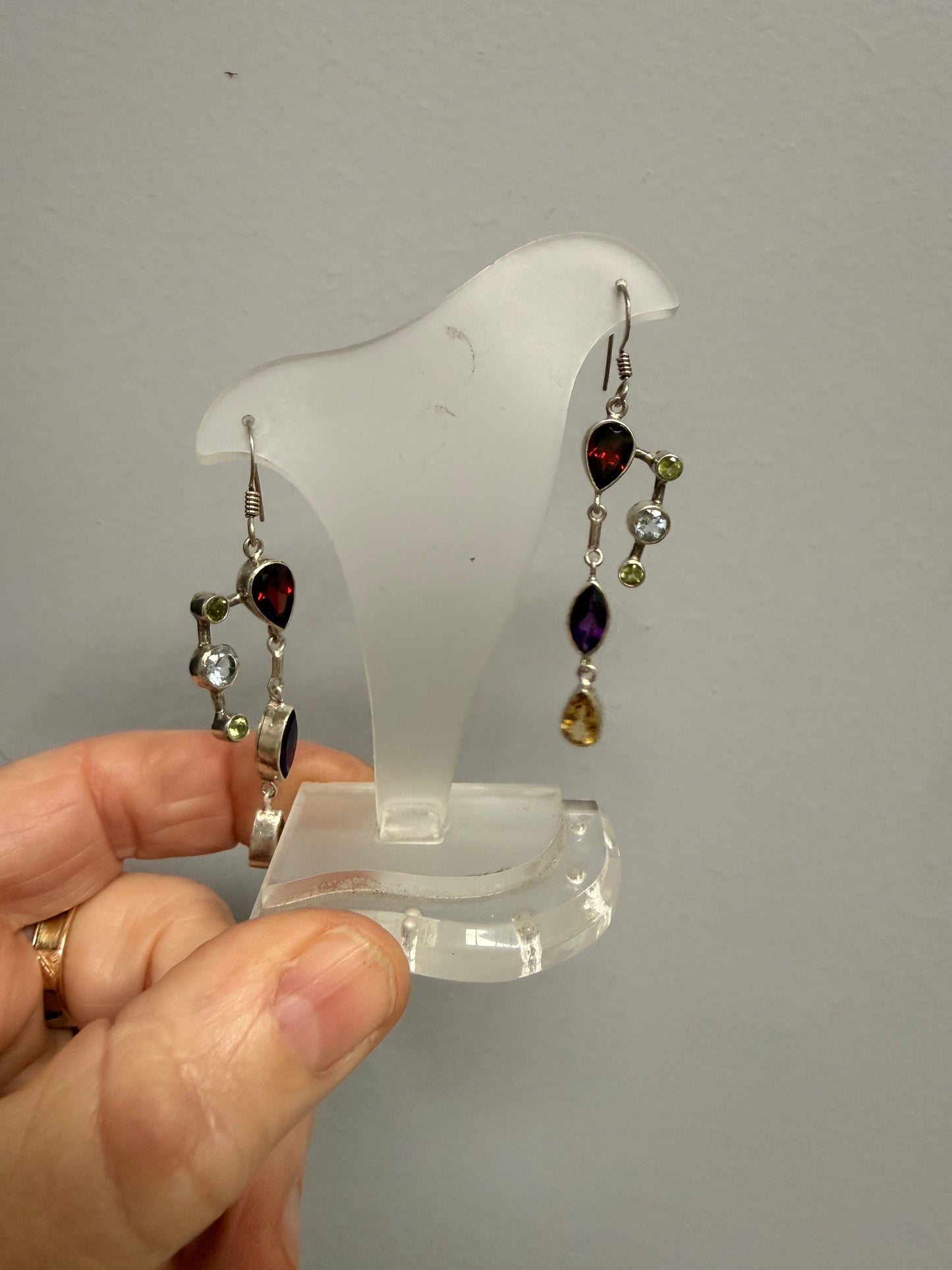 Vintage Sterling Silver Earrings With Garnet, Blue Topaz& Peridot Stones