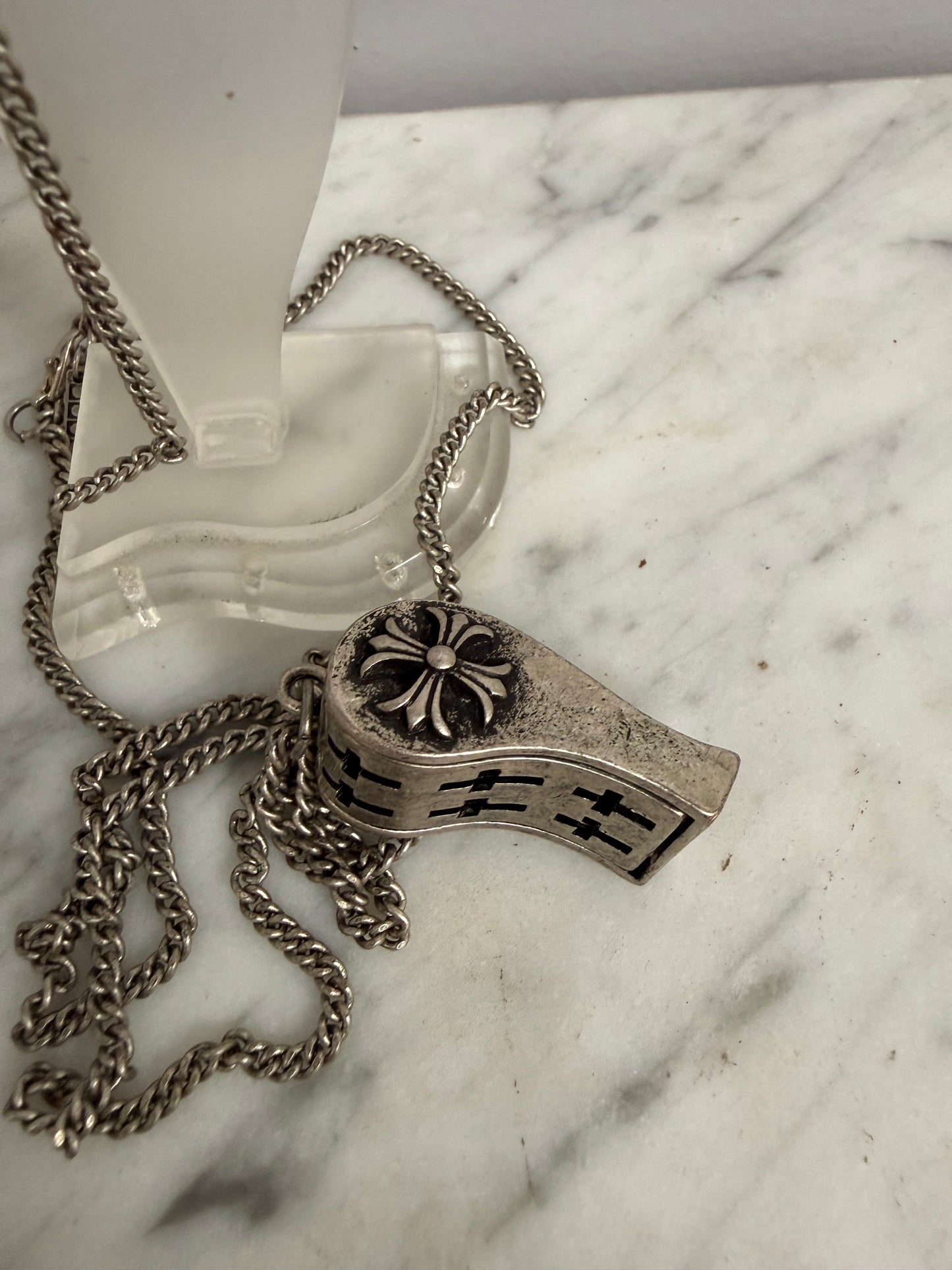 Vintage Silver Toned Metal Whistle Pendant & Chain