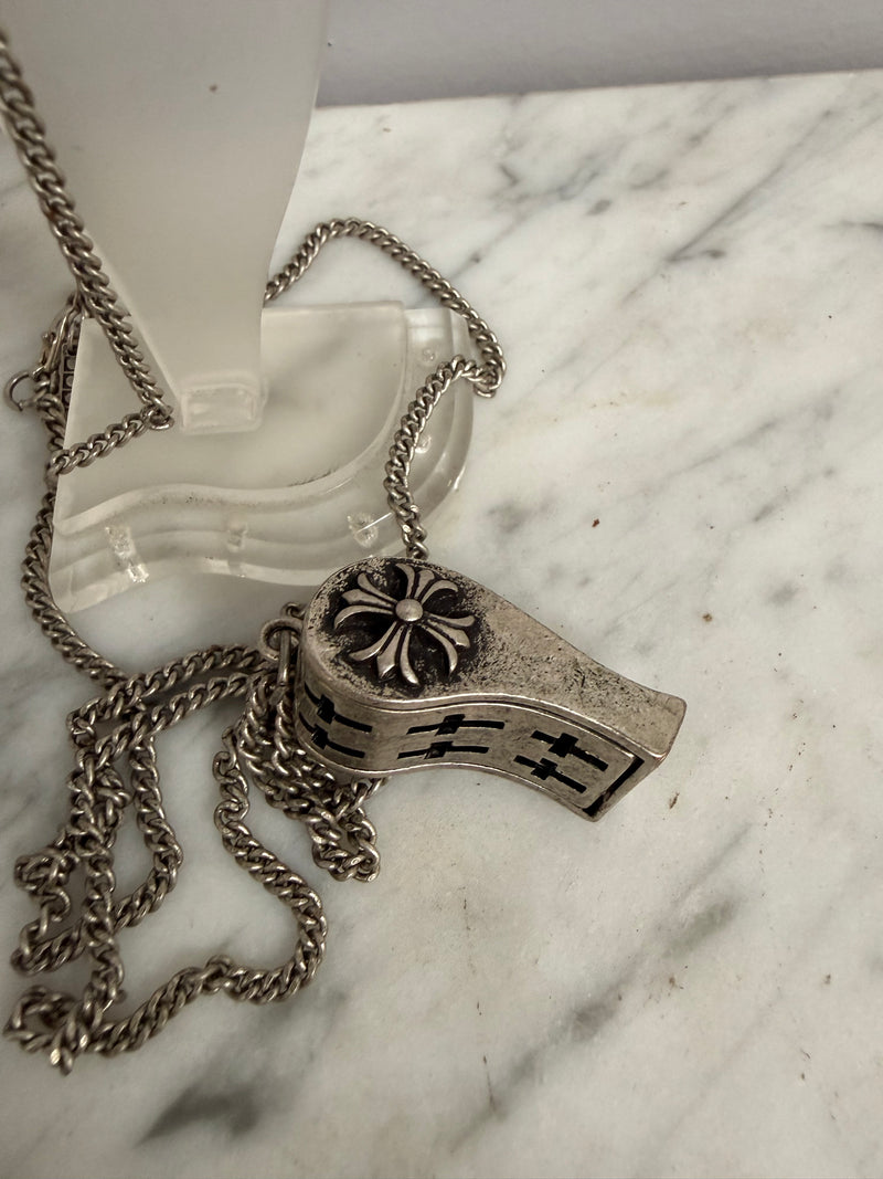 Vintage Silver Toned Metal Whistle Pendant & Chain