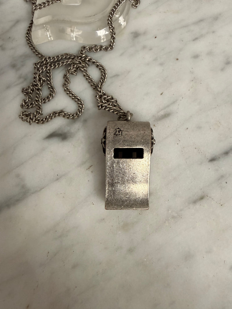 Vintage Silver Toned Metal Whistle Pendant & Chain
