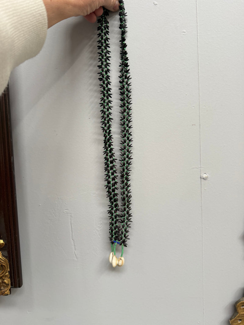 Vintage Hawaiian Apple Seed, Green Bead & Cowrie Shell Necklace