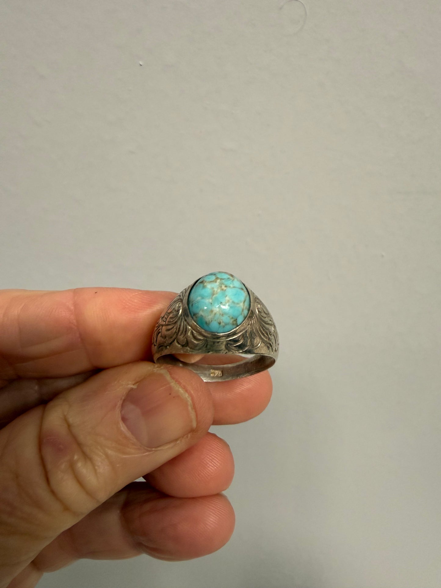 Vintage Navajo Style Sterling Silver Ring With Oval Turquoise Cabochon Stone