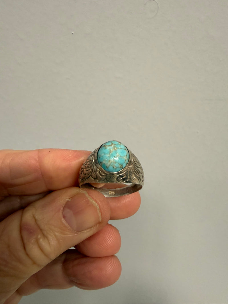 Vintage Navajo Style Sterling Silver Ring With Oval Turquoise Cabochon Stone