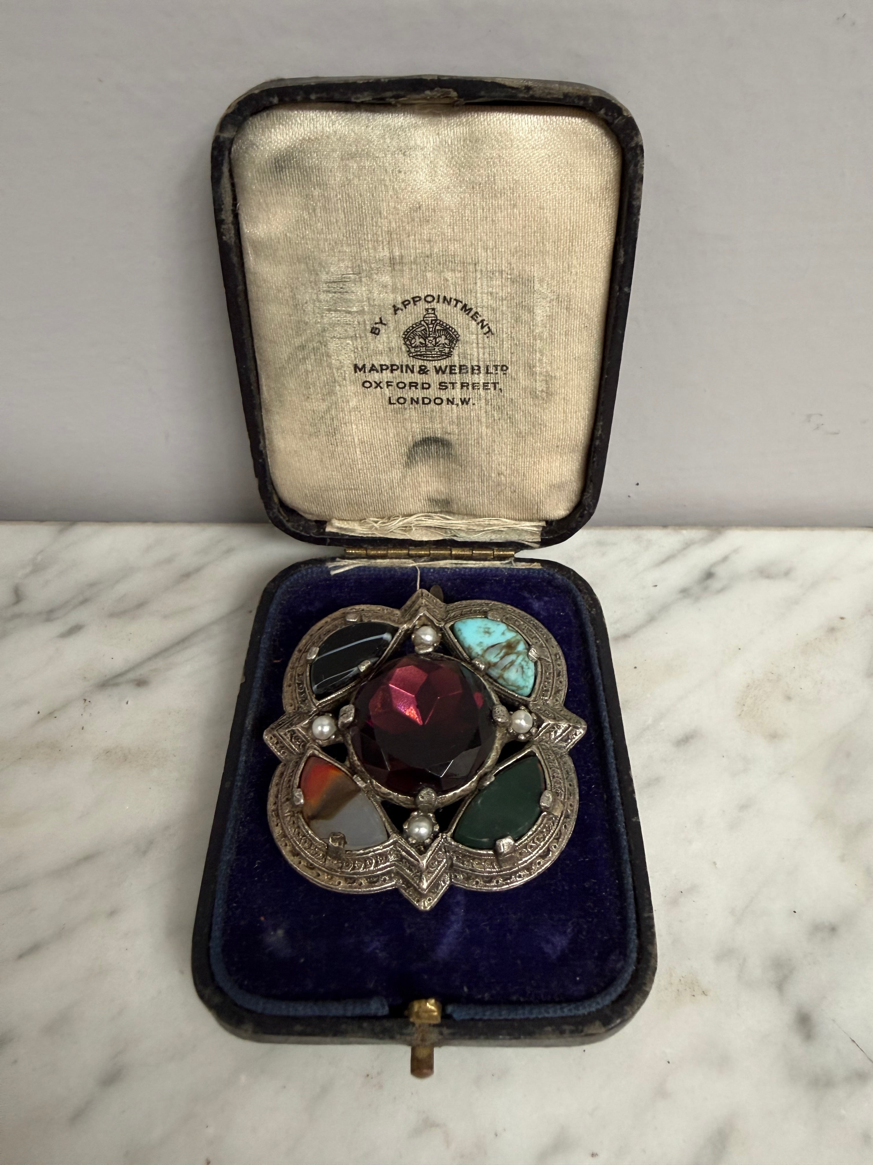 Vintage Pewter & Multistone Scottish Brooch