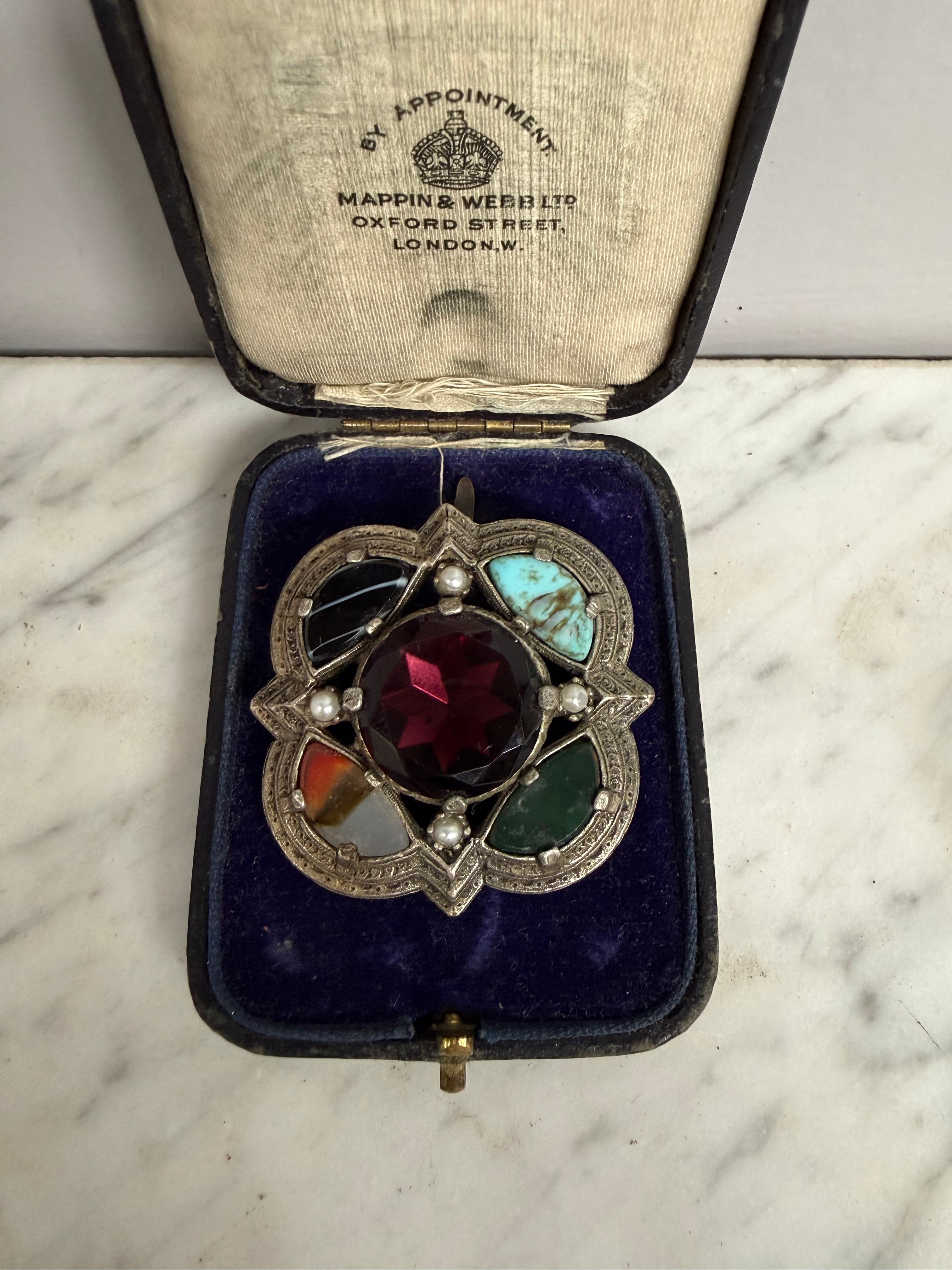 Vintage Pewter & Multistone Scottish Brooch