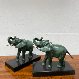 Pair French Art Deco Elephant Sculptures On Marble Base