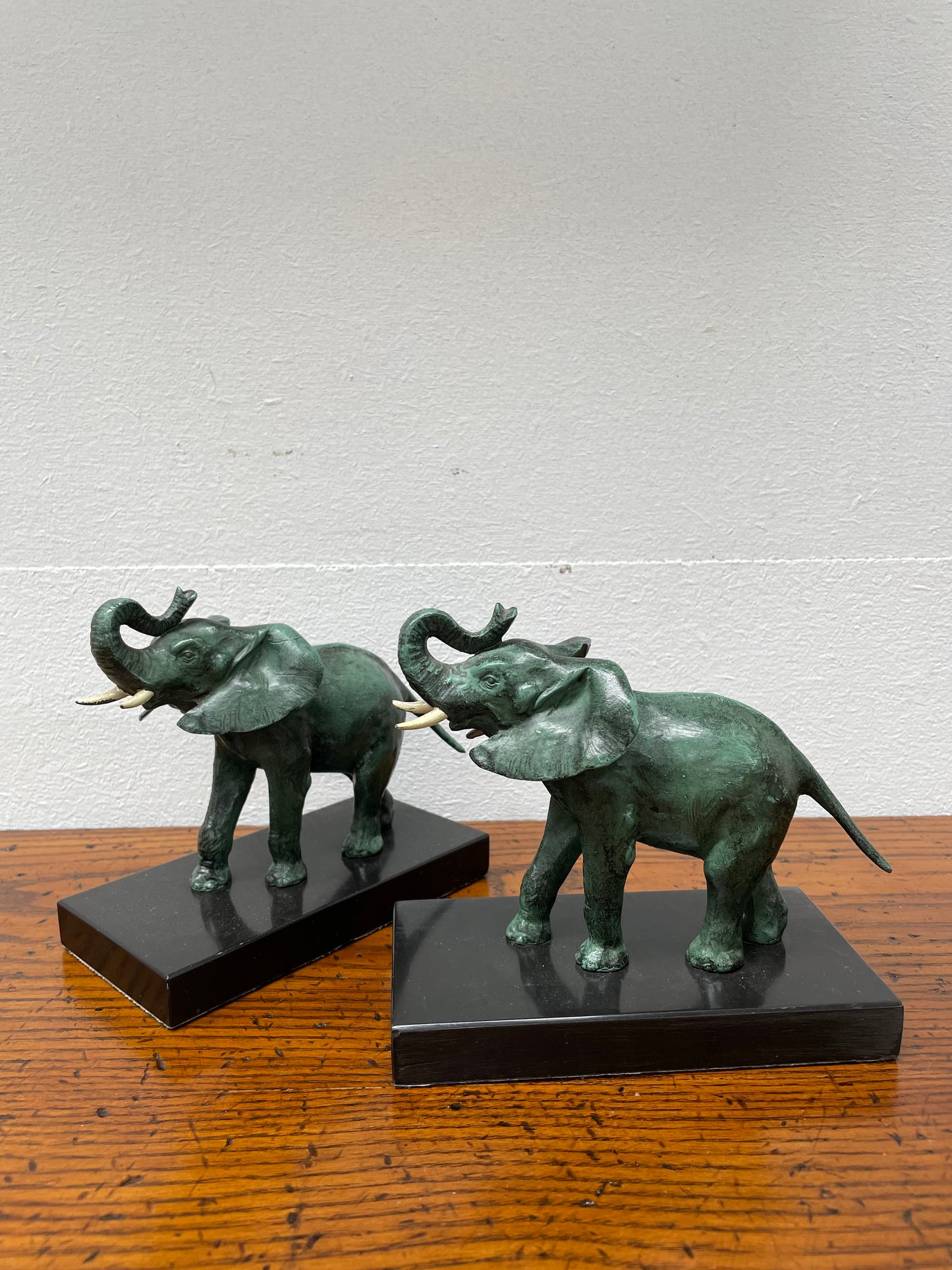 Pair French Art Deco Elephant Sculptures On Marble Base