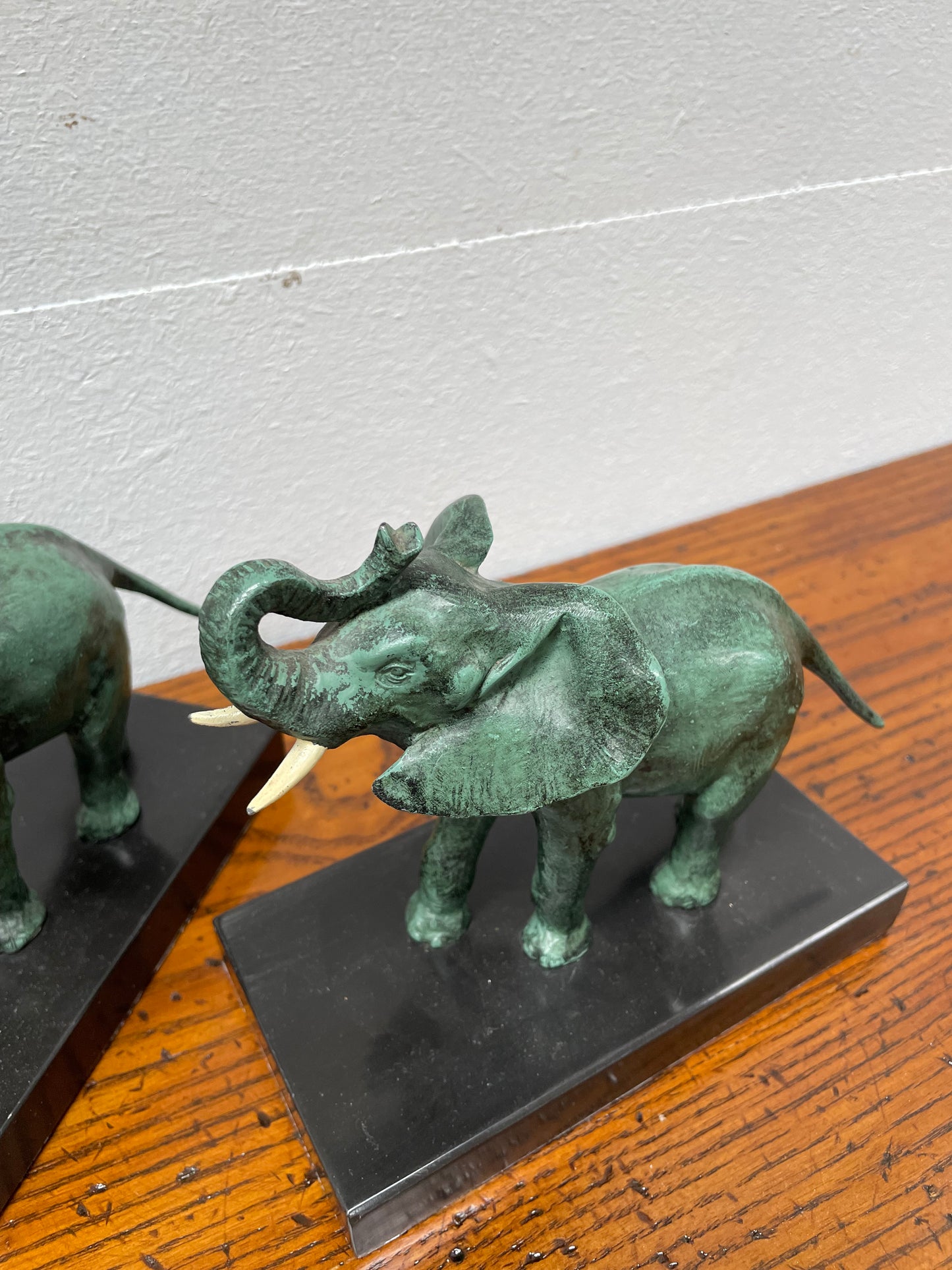 Pair French Art Deco Elephant Sculptures On Marble Base