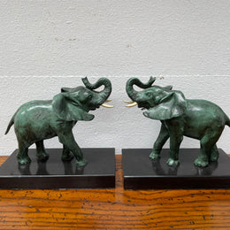 Pair French Art Deco Elephant Sculptures On Marble Base