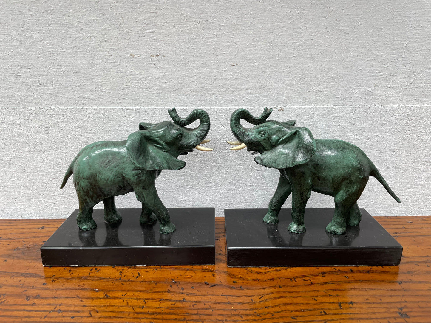 Pair French Art Deco Elephant Sculptures On Marble Base