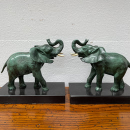 Pair French Art Deco Elephant Sculptures On Marble Base