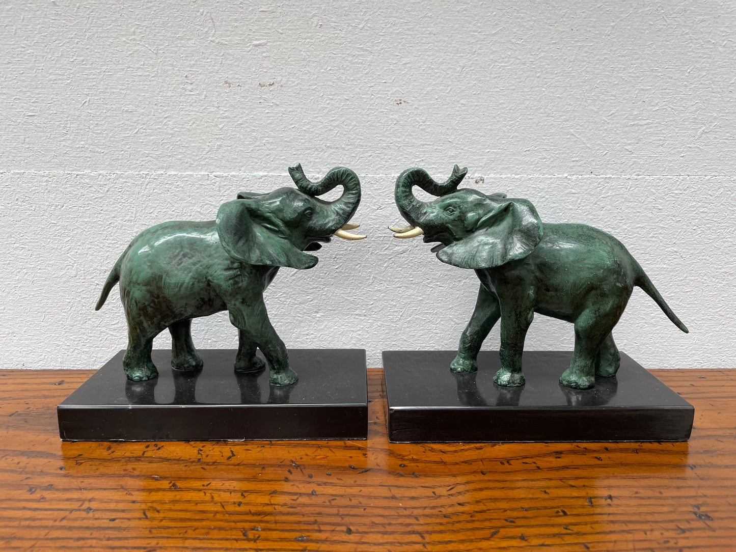 Pair French Art Deco Elephant Sculptures On Marble Base