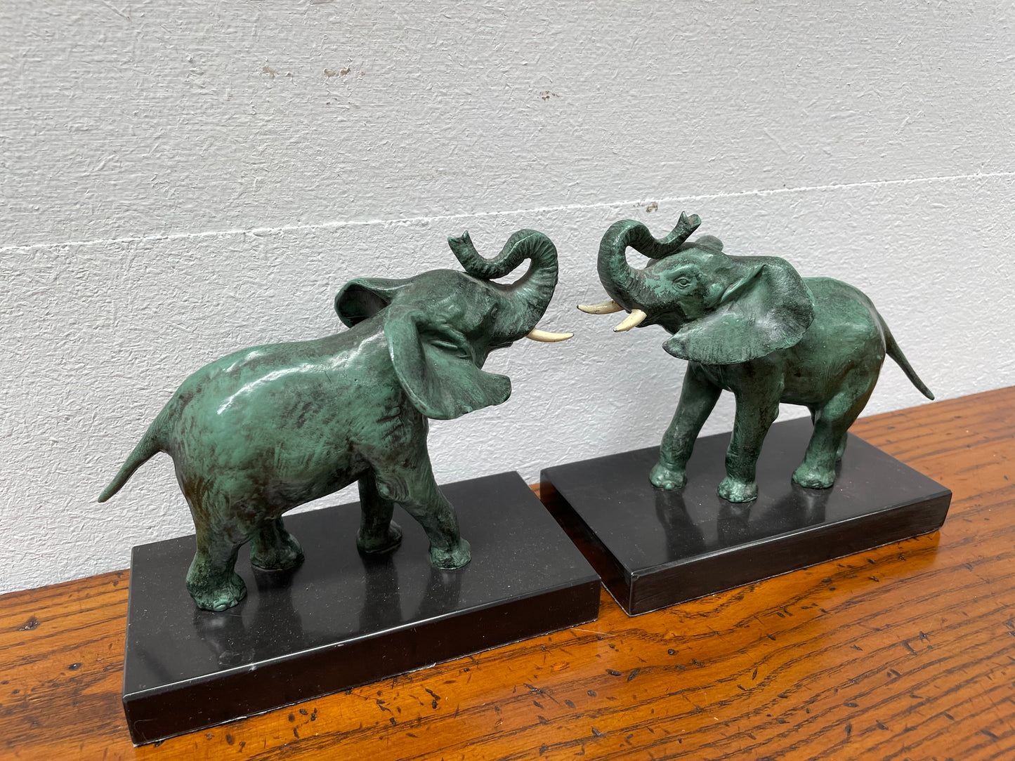 Pair French Art Deco Elephant Sculptures On Marble Base