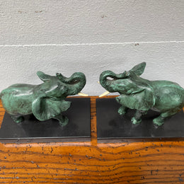 Pair French Art Deco Elephant Sculptures On Marble Base